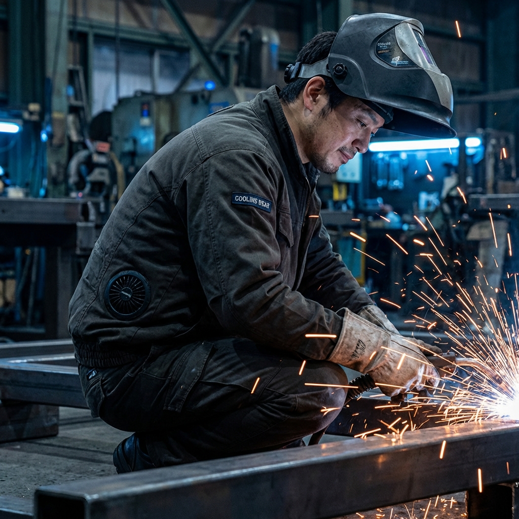 溶接現場で火花を浴びても安全な綿100%空調服