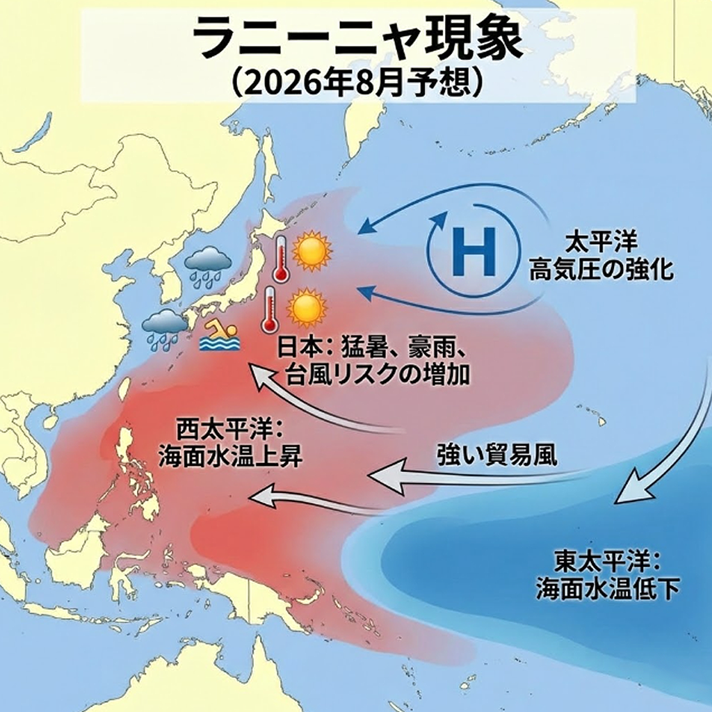 ラニーニャ現象のメカニズム図解（2026年8月予想）